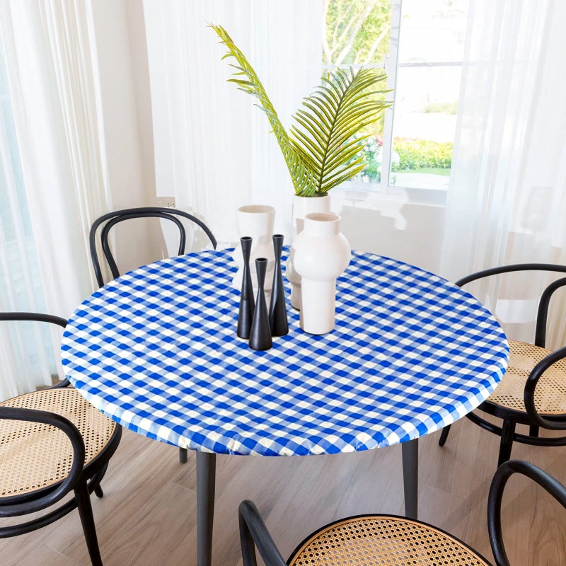 Sorfey Round Tablecloth -Fitted with Elastic, Vinyl with Flannel Back, Fits for Table 42 Inches Round,Water Proof, Easy to Clean, Checked Blue Design - Image 1